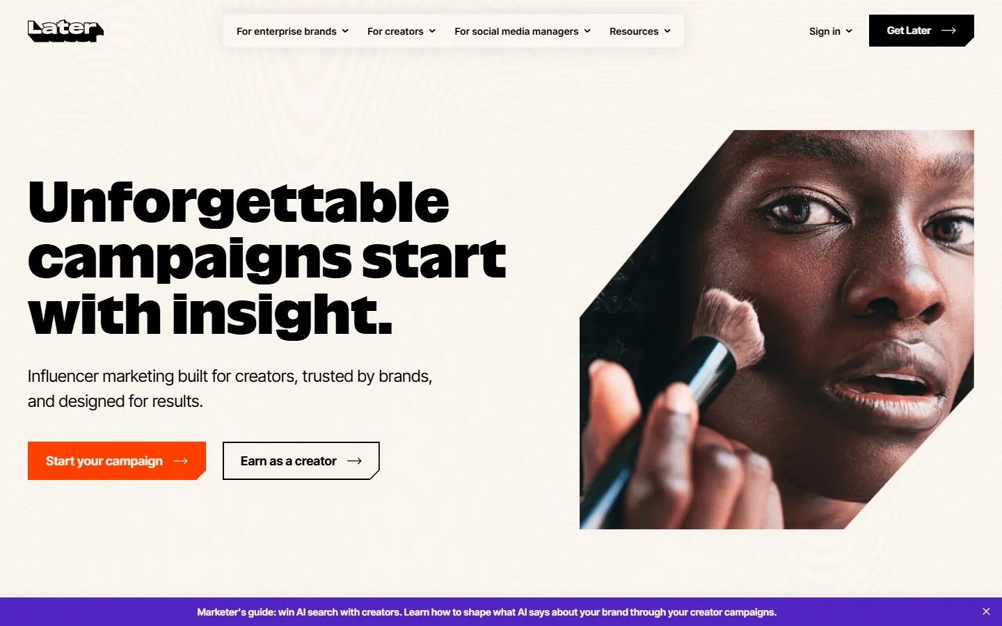 Later homepage, which now leads with influencer marketing for creators and brands