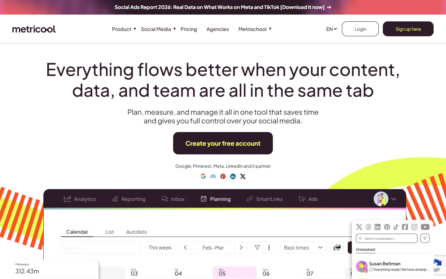 Metricool homepage with its planning calendar, analytics, and inbox tabs