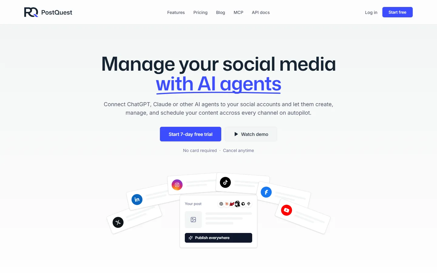 PostQuest homepage presenting social media management with AI agents like ChatGPT and Claude