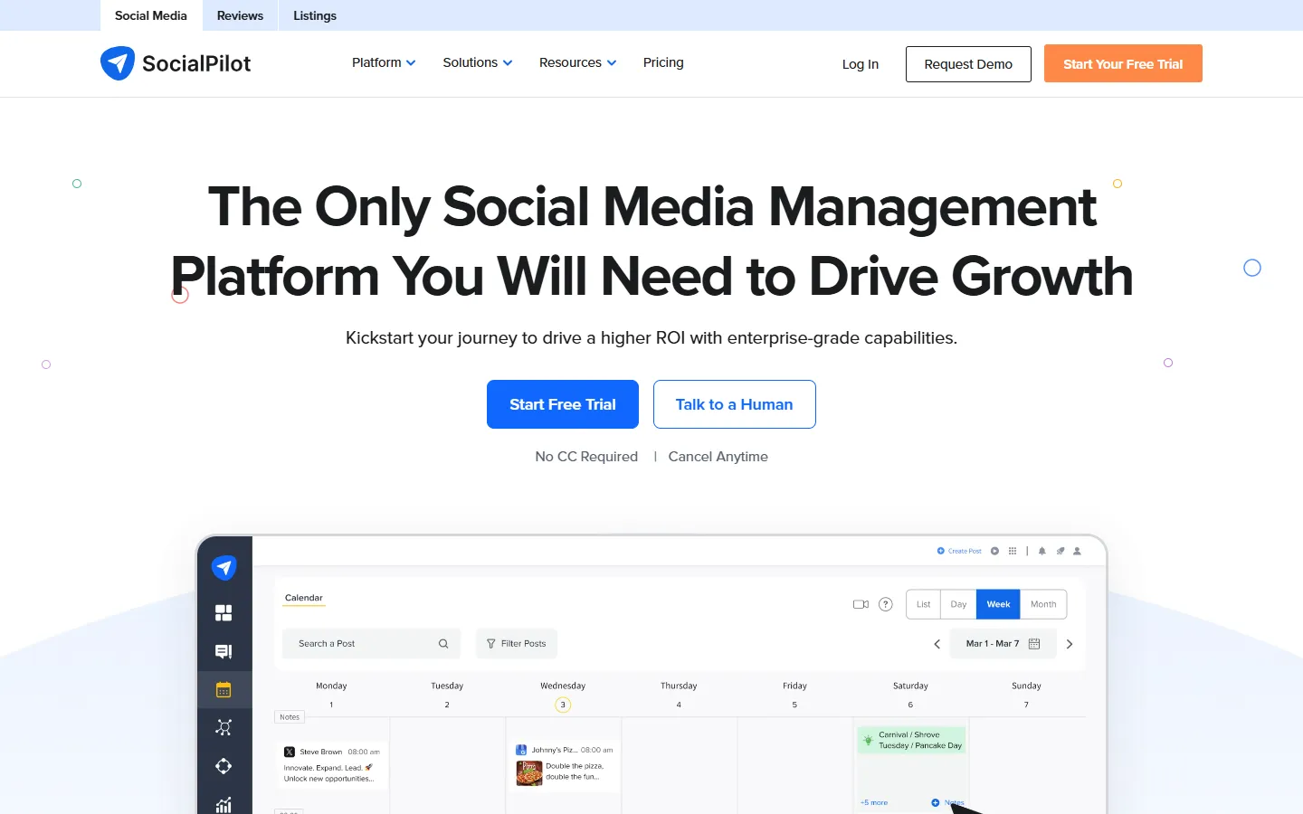 SocialPilot homepage with its scheduling calendar preview